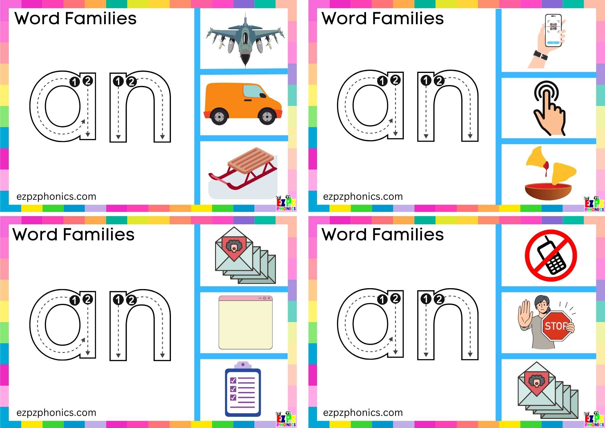 Read the word and clip the correct image. Clip Cards for Word Family an Includes the words: van, plan, ban and scan